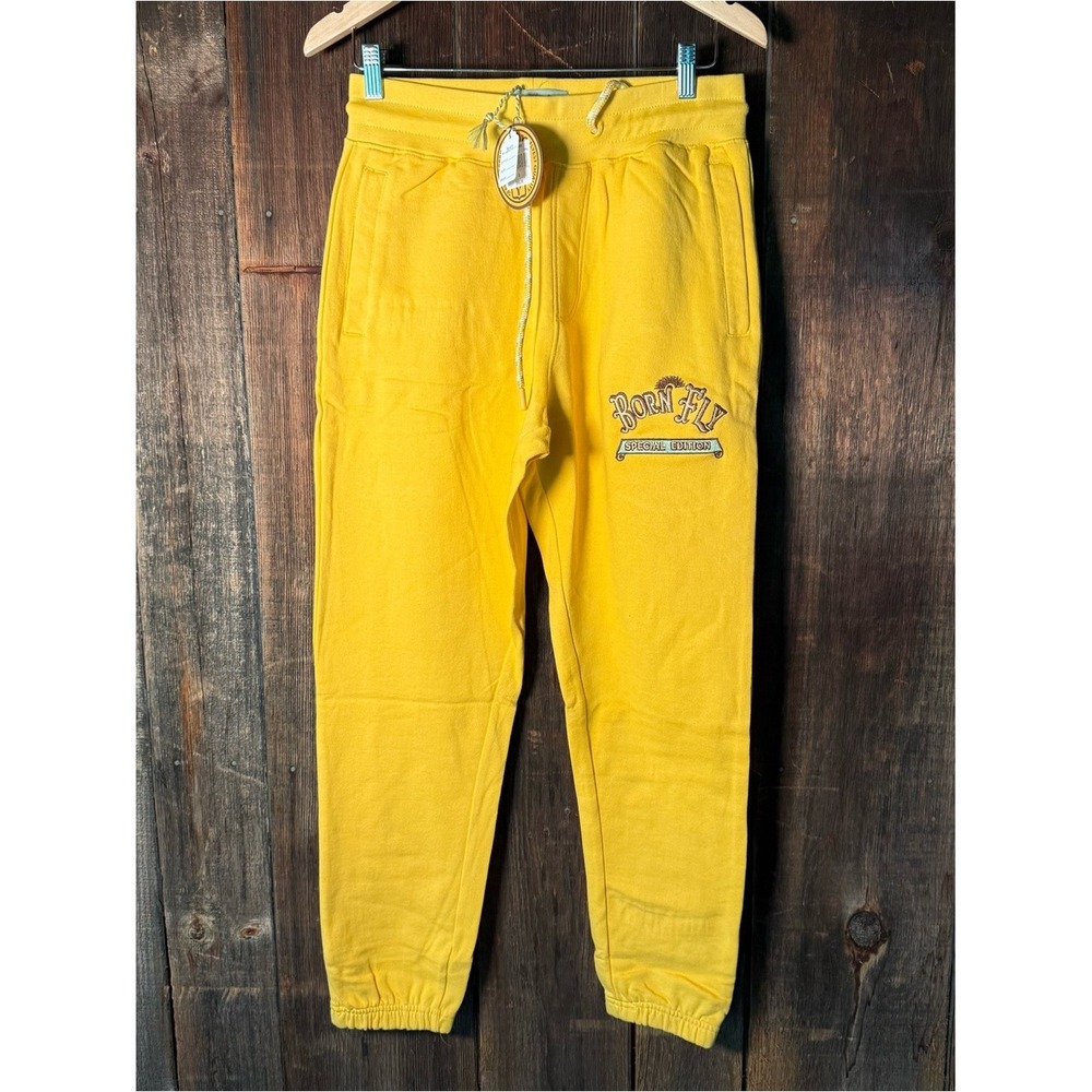 Born Fly Joggers Mens Small Yellow Special Edition Fleece Sweatpants NWT